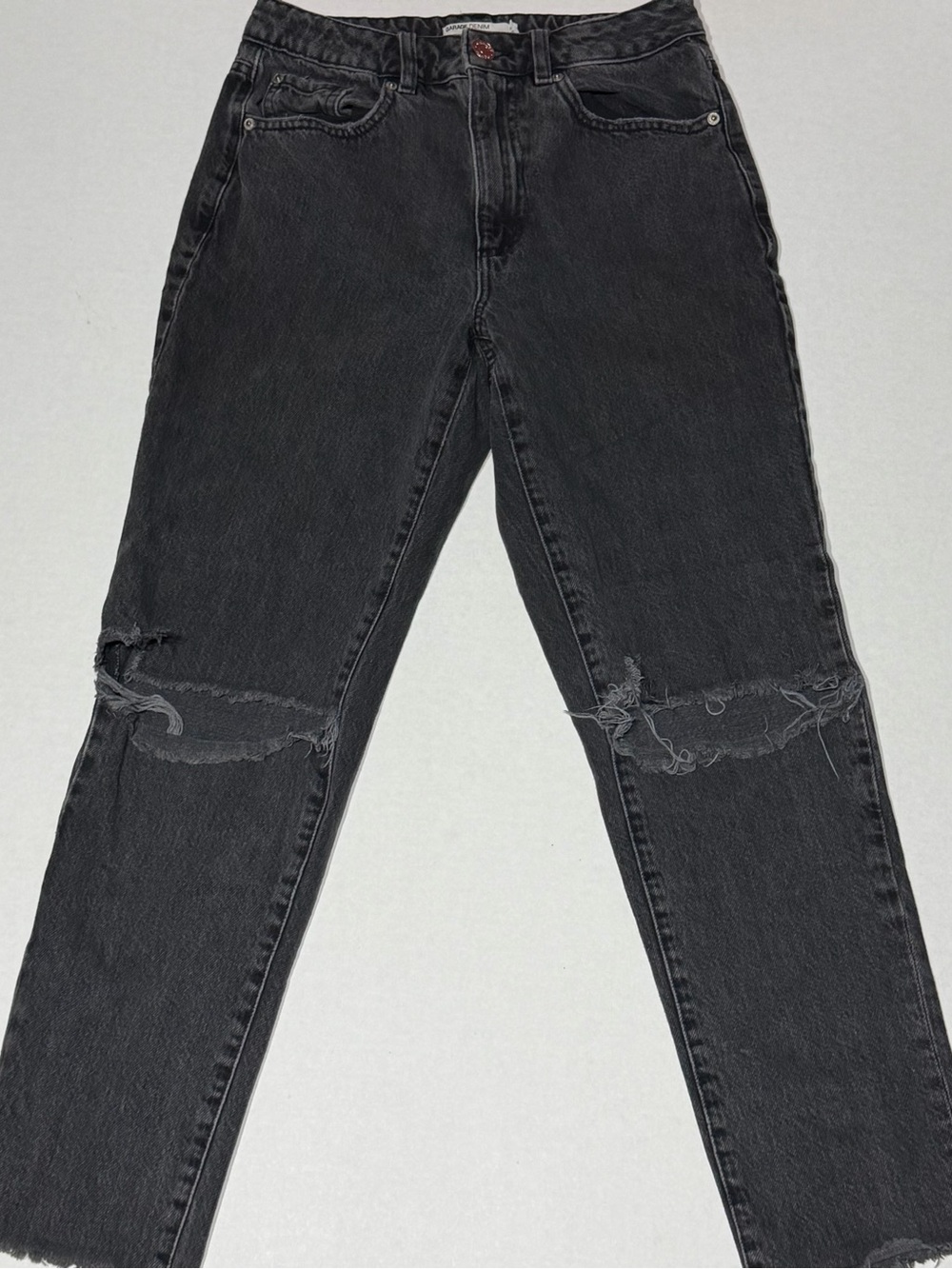 Garage Women's Black Boot Cut Mom Jeans with Distressed Knees